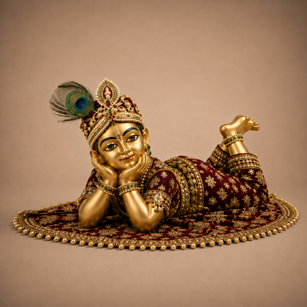 Laddu Gopal idol wearing a maroon and gold embroidered poshak with a peacock feather crown
