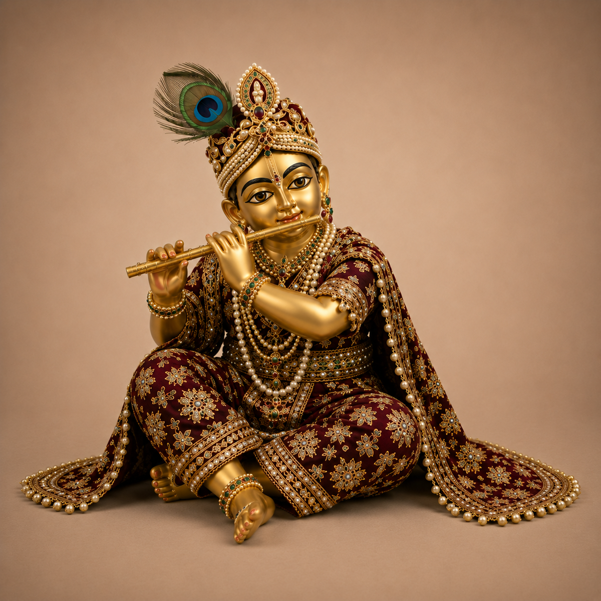 Laddu Gopal idol in a maroon and gold embroidered poshak playing a flute with a peacock feather crown