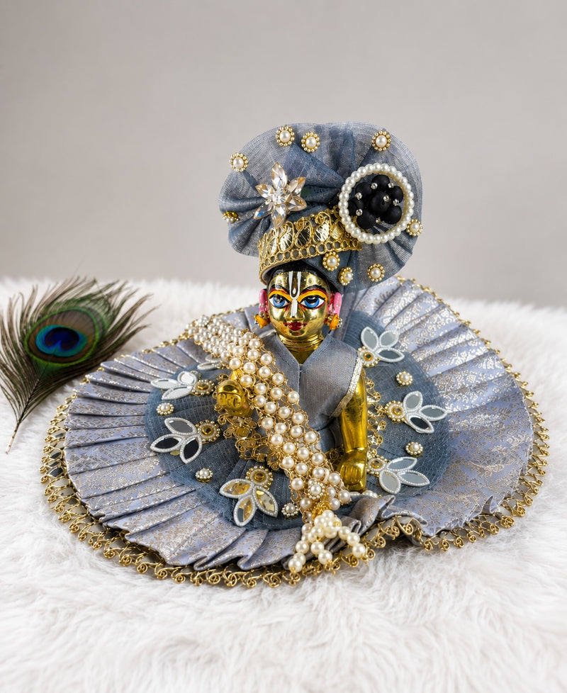 Rajsi Pearl Laddu Gopal poshak in grey and silver with pearl detailing