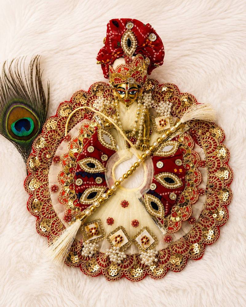 Jaipuri Rajwada Laddu Gopal poshak in red, white and gold with intricate detailing
